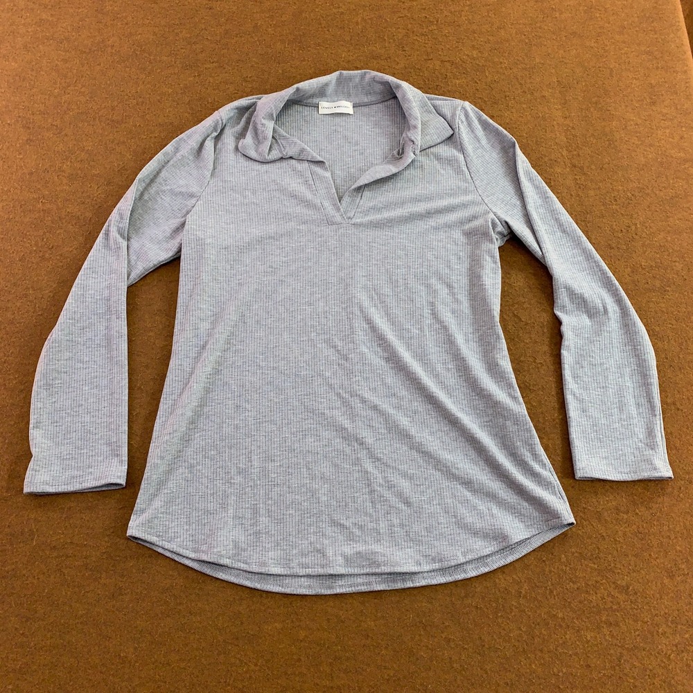 Lovely Melody Womens Small Gray Ribbed Long Sleeve V-Neck Pullover Top New